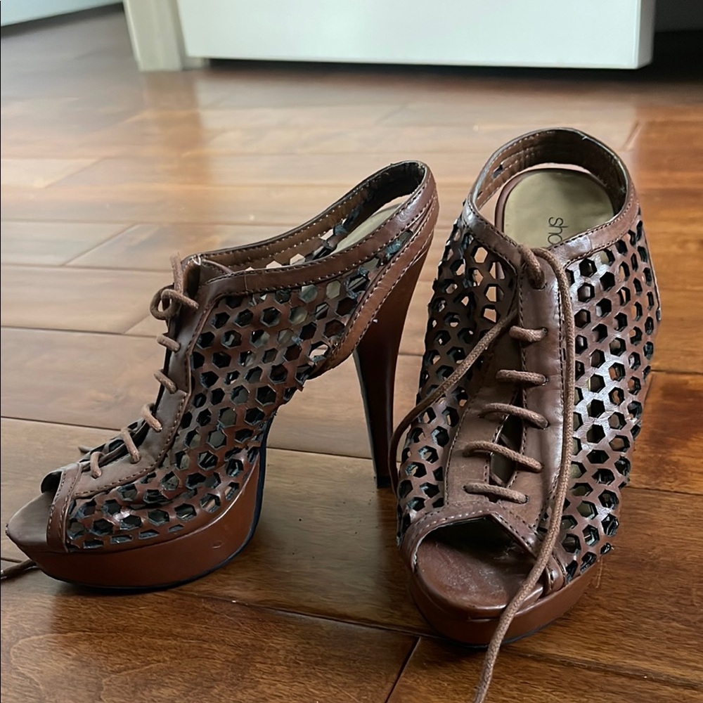 Shoedazzle | Brown Peep-Toe Lace-Up Heels